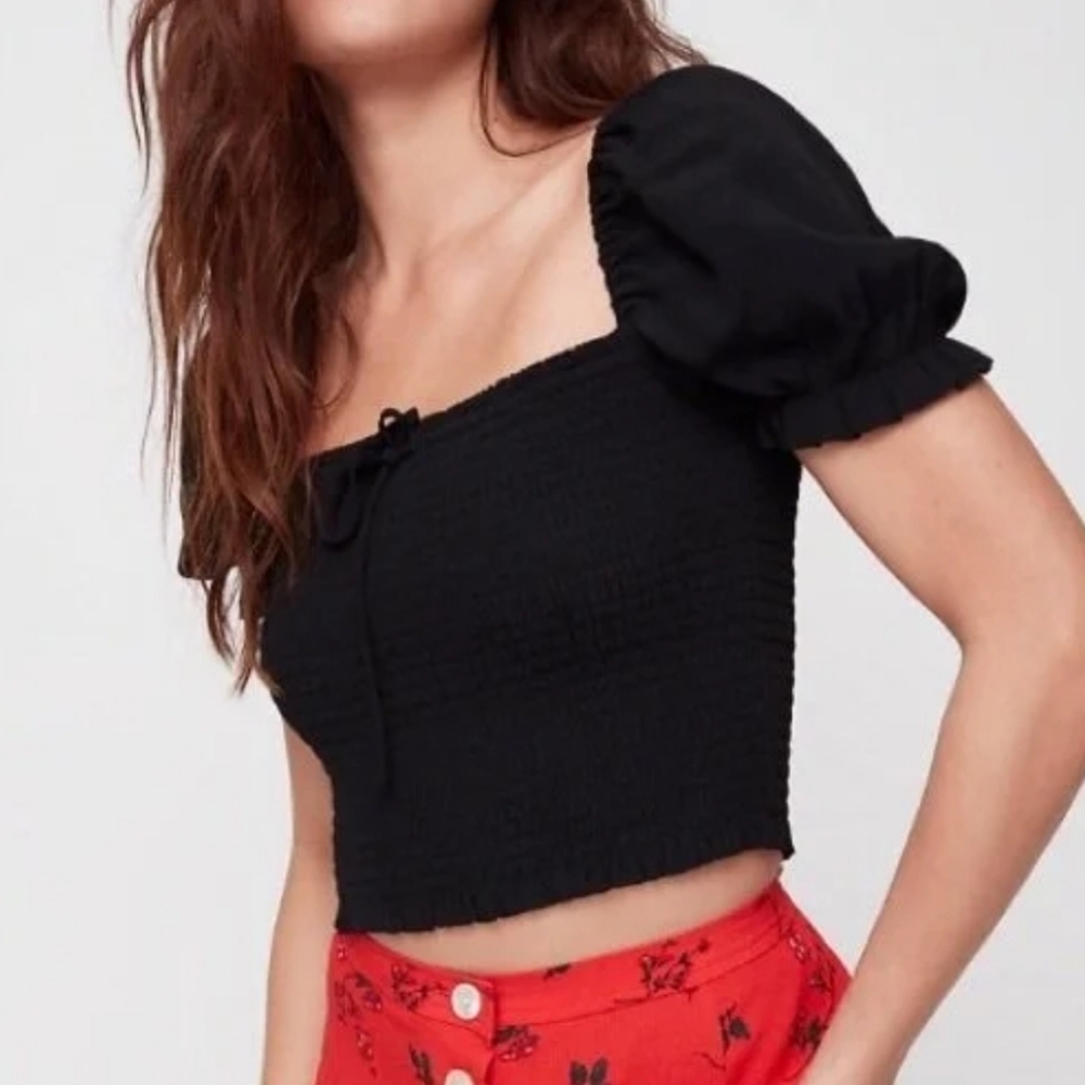 Wilfred Black Smocked Blouse Square‎ Neckline, XS